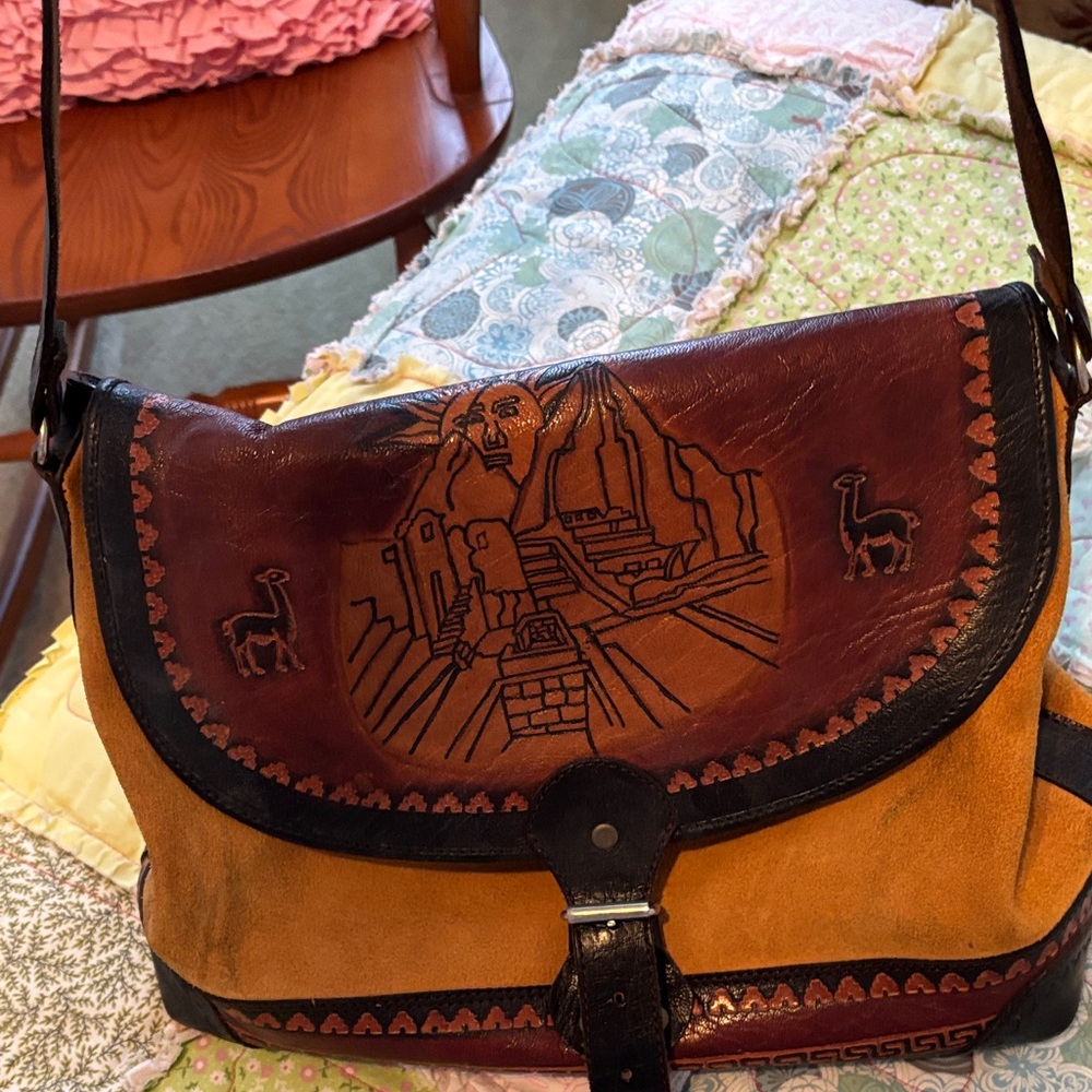 Peruvian Artisan Leather/Suede Shoulder Bag with Intricate Design